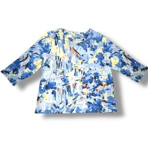 Allison Daley Woman 2X Blue Yellow Abstract Rhinestone 3/4 Sleeve Top T-Shirt